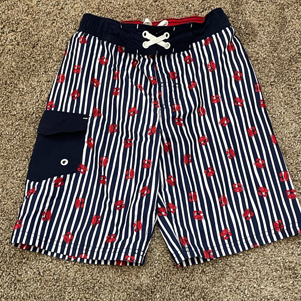 Boys blue striped crab swim trunks
